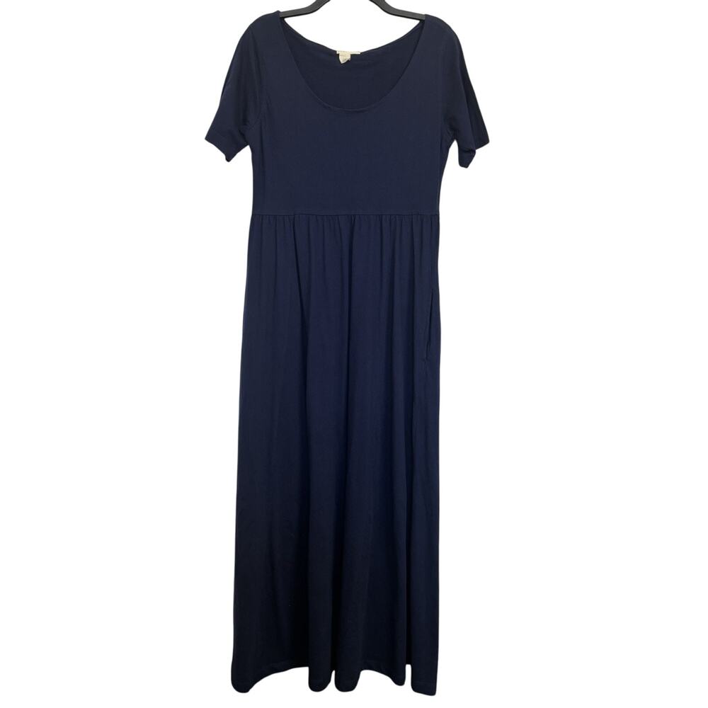 J Crew Navy Short Sleeve Maxi Dress Large Pockets Casual Cotton Minimalist Trad